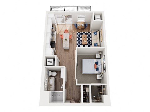 Floor plan for studio, 1 bath, 643 sqft